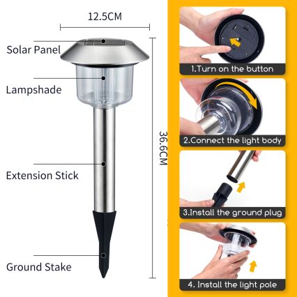 Aigostar - LED Solárna lampa LED/0,08W/2V 36,6 cm 6500K IP44 matný chróm