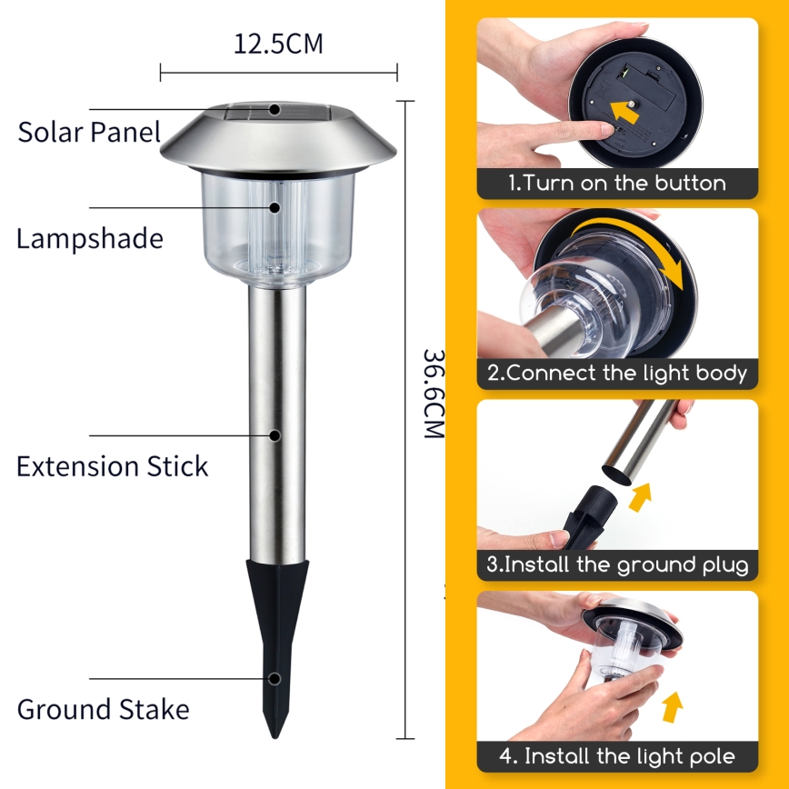 Aigostar - LED Solárna lampa LED/0,08W/2V 36,6 cm 6500K IP44 matný chróm