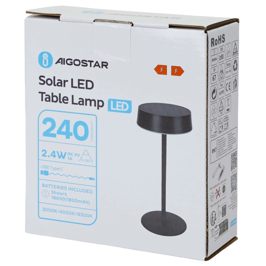 Aigostar - Solárna LED lampa LED/2,4W/5V IP44 1800 mAh
