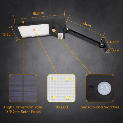 Aigostar - LED Solárna pouličná lampa so senzorom LED/2,3W/5,5V 1800 mAh IP65