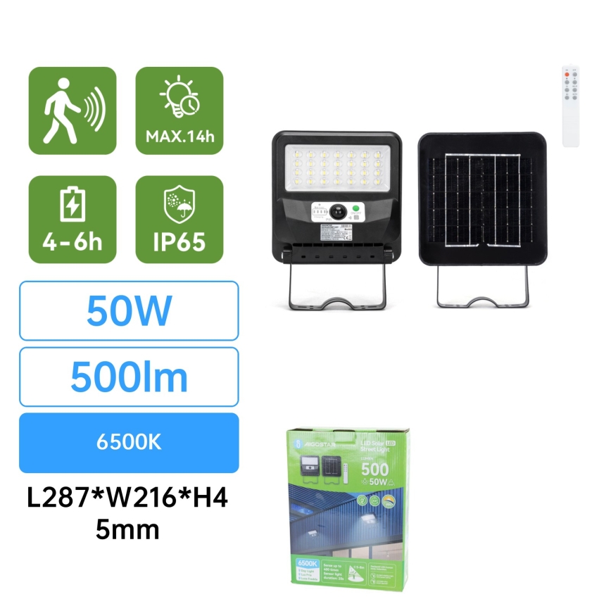 Aigostar - LED solárna uliční lampa so snímačom LED/50W/3,2V 1000mAh 6500K + diaľkové ovládanie