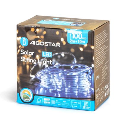 Aigostar - solárny LED reťaz 100xLED/8 režimov 12m IP65 studená biela 800 mAh