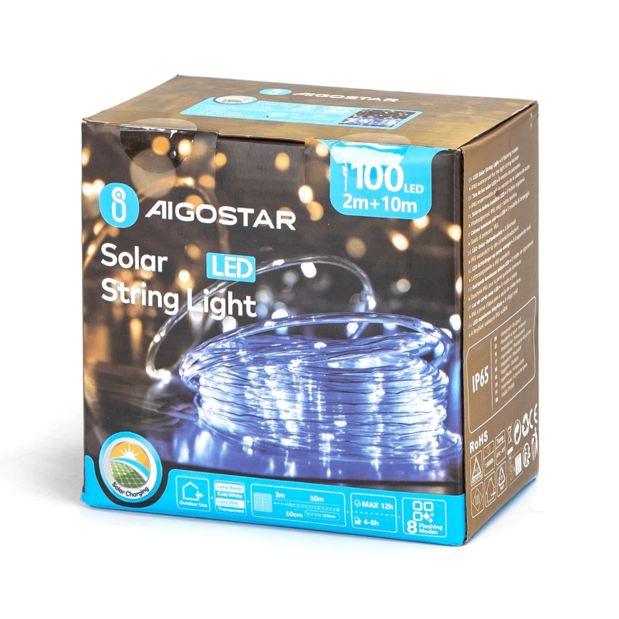 Aigostar - solárny LED reťaz 100xLED/8 režimov 12m IP65 studená biela 800 mAh