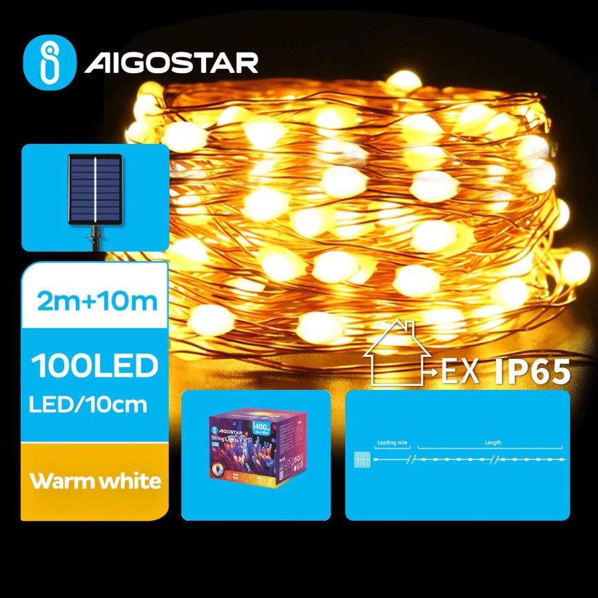 Aigostar - LED Solárna vianočná reťaz 100xLED/8 funkcií 12m 800 mAh IP65 teplá biela