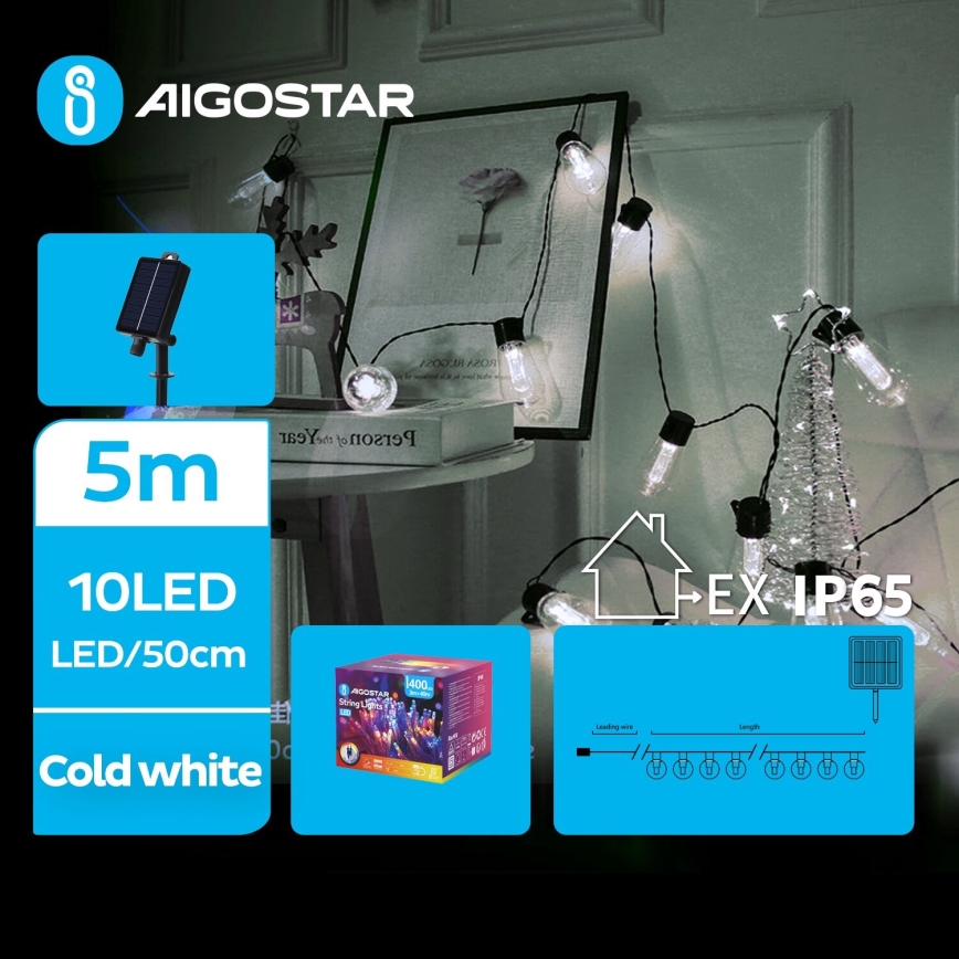 Aigostar - LED Solárna vianočná reťaz 10xLED/8 funkcií 6,5m IP65 studená biela