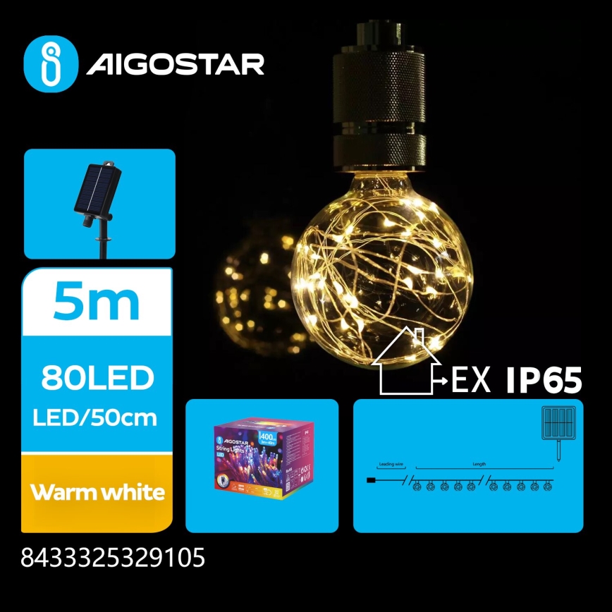 Aigostar - LED Solárna vianočná reťaz 10xLED/8 funkcií 6,5m IP65 teplá biela