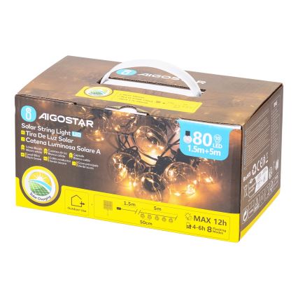 Aigostar - LED Solárna vianočná reťaz 10xLED/8 funkcií 6,5m IP65 teplá biela