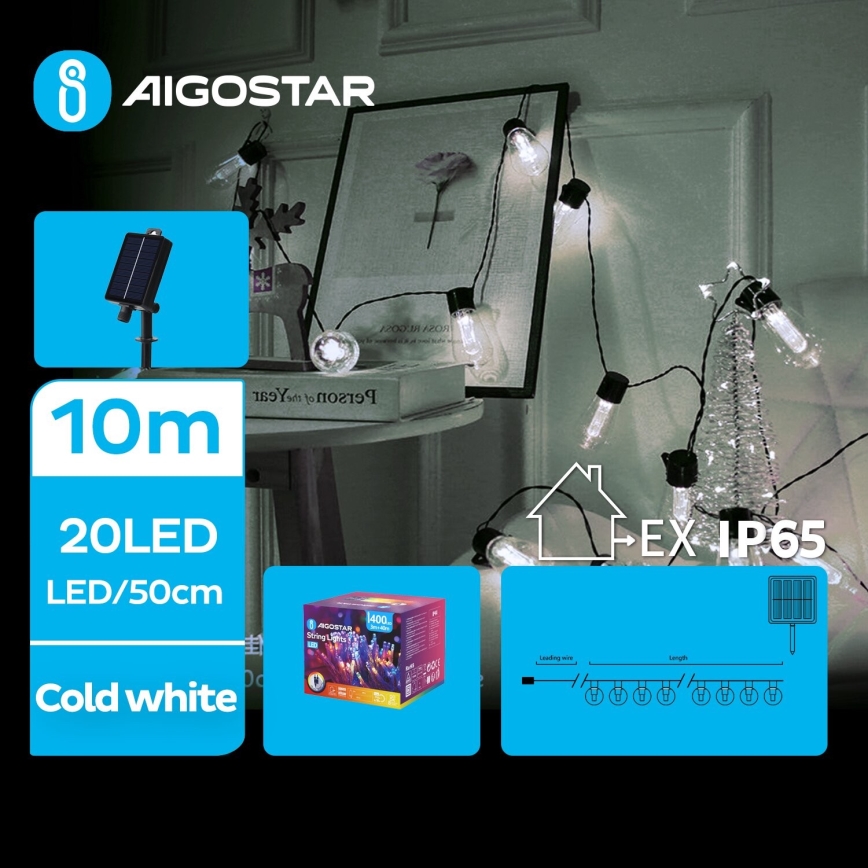 Aigostar - LED Solárna vianočná reťaz 20xLED/8 funkcií 11,5m IP65 studená biela