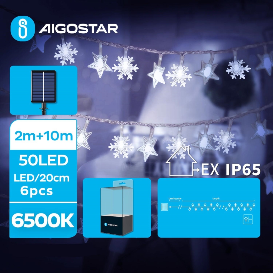 Aigostar - LED Solárna vianočná reťaz 50xLED/8 funkcií 12m IP65 800 mAh studená biela
