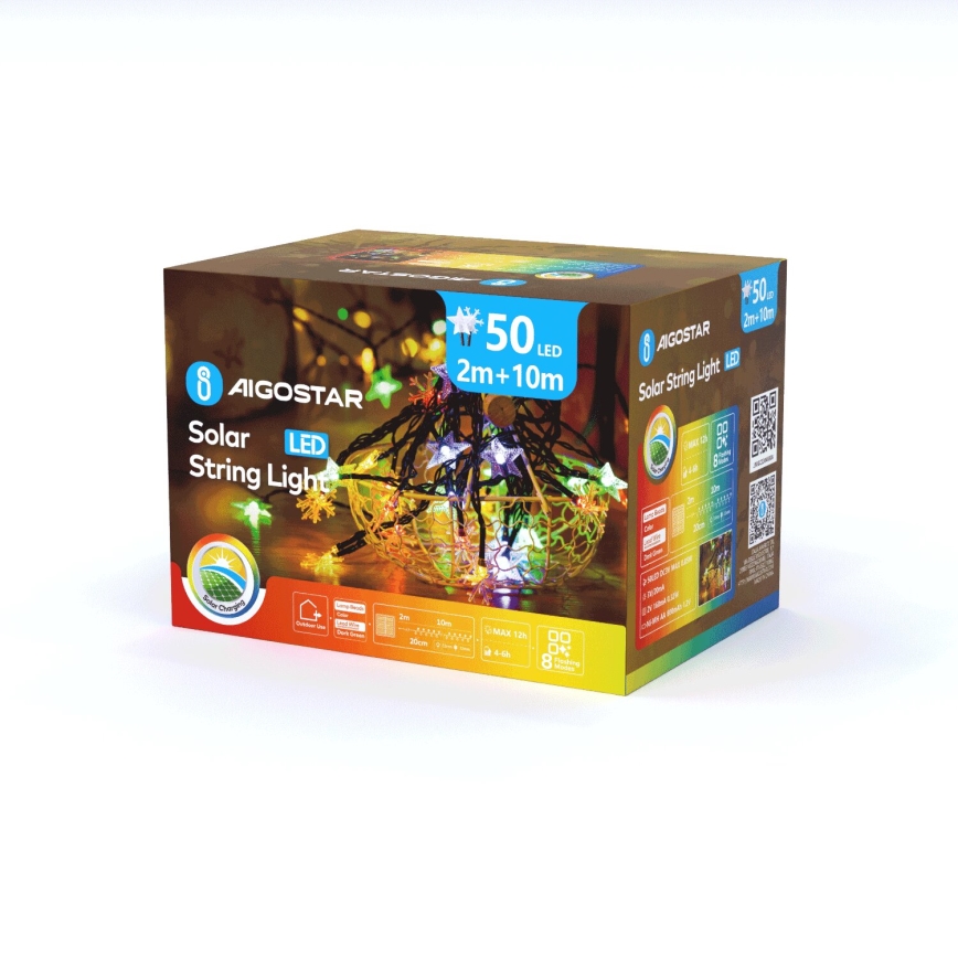 Aigostar - Solárna LED vianočná reťaz 50xLED/8 režimov 800 mAh 12m IP65 viacfarebná
