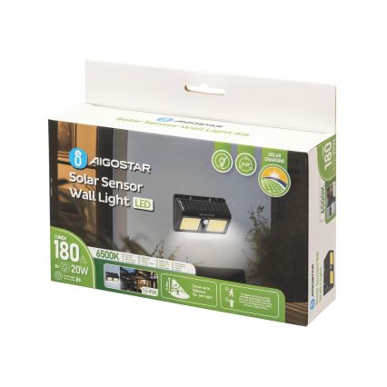 Aigostar - LED Solárne nástenné svietidlo so senzorom LED/20W/5,5V 2400 mAh 6500K IP65