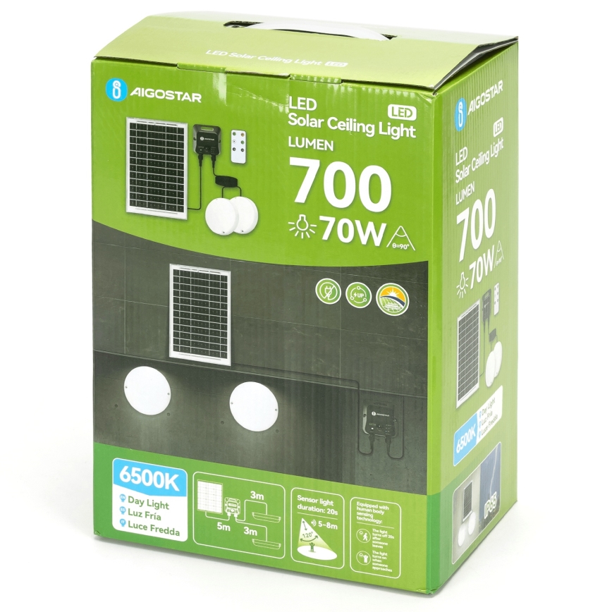 Aigostar - LED solárne stropné svietidlo so senzorom 2xLED/35W/3,7V 6000 mAh IP65 + diaľkové ovládanie