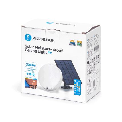 Aigostar - LED Stmievateľné solárne stropné svietidlo LED/3,2V 3000K/4000K/6500K IP65 + diaľkové ovládanie