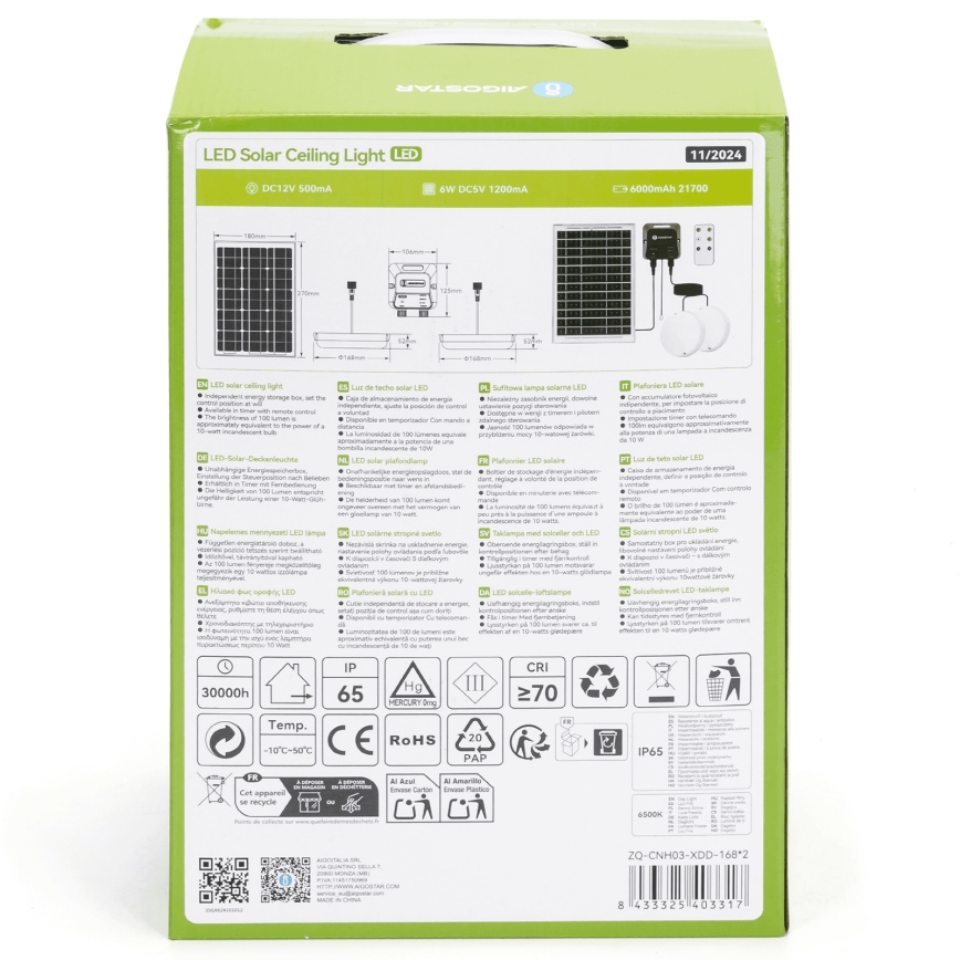 Aigostar - LED solárne svietidlo 2× LED / 35 W / 12 V, 6000 mAh, 6500 K, IP65, priemer 16,8 cm + diaľkové ovládanie