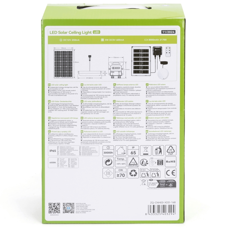 Aigostar - LED solárne svietidlo LED/35W/12V 3000 mAh 6500K IP65 priemer 16,8 cm + diaľkové ovládanie