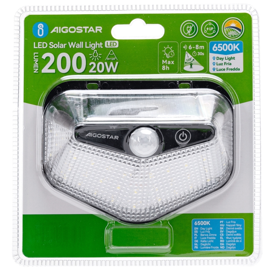 Aigostar - LED Solárne svietidlo so senzorom LED/3,7V 6500K 500 mAh IP65 čierne