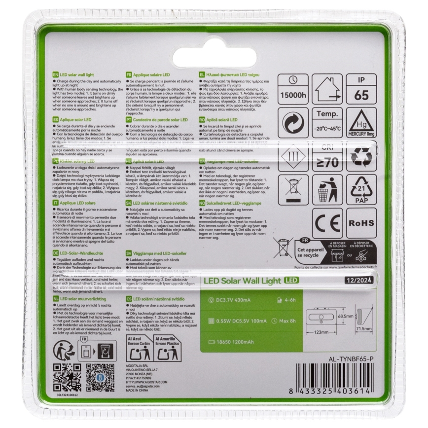 Aigostar - LED Solárne svietidlo so senzorom LED/3,7V 6500K 500 mAh IP65 čierne