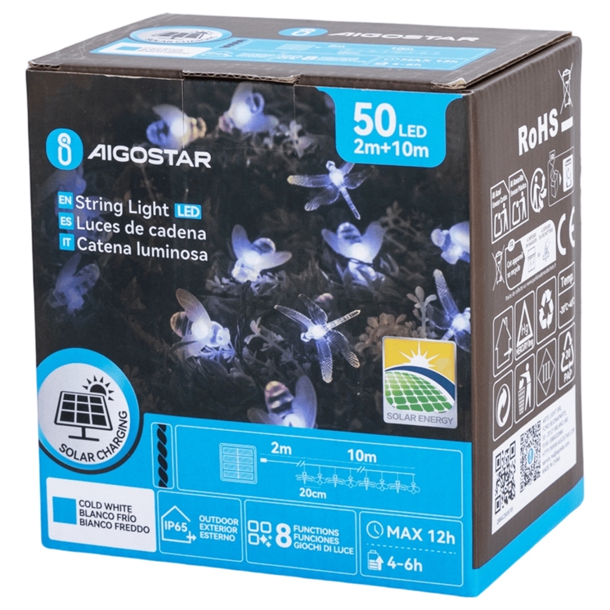 Aigostar - LED solárna dekoračná reťaz 50×LED/8 režimov, 10 m, 800 mAh, IP65, studená biela