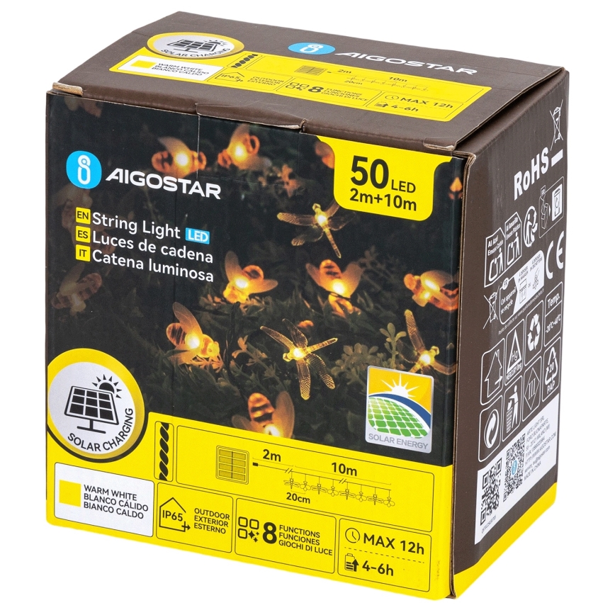 Aigostar - LED solárny dekoratívny svetelný reťazec 50xLED/8 funkcií 10 m 800 mAh IP65 teplá biela
