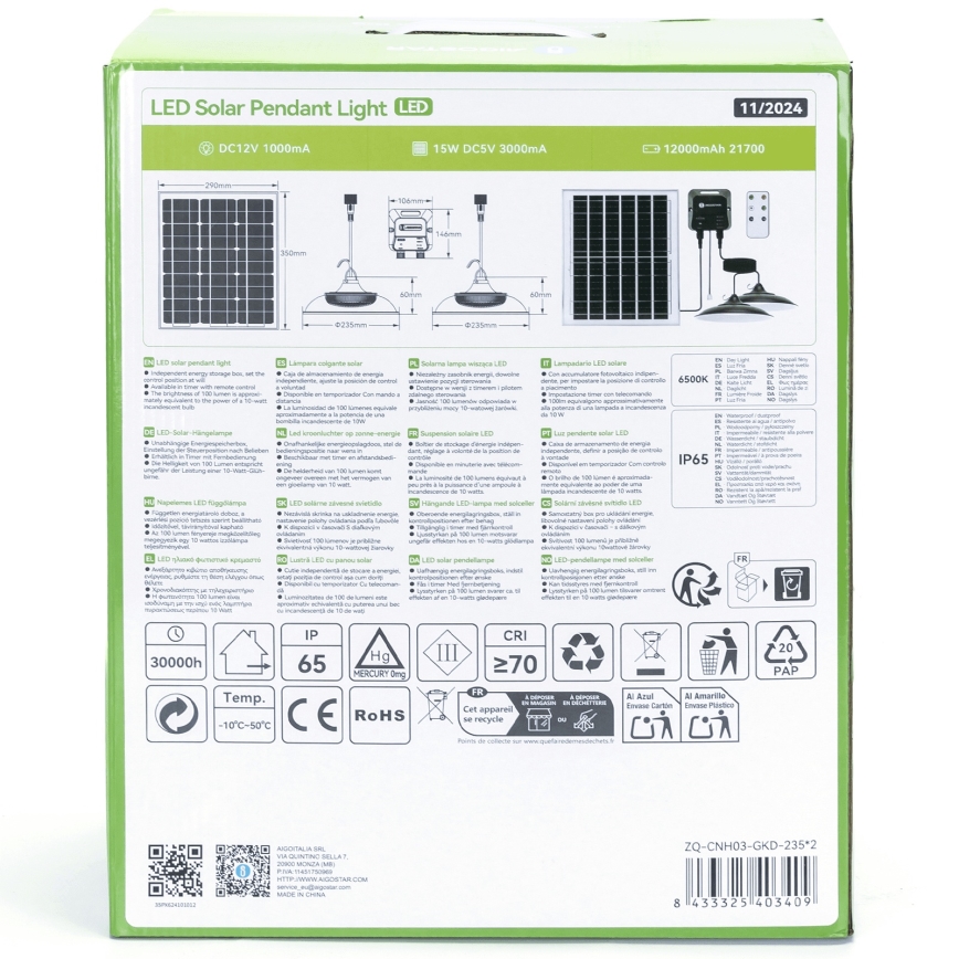 Aigostar - LED solárny luster 2xLED/70W/12V 12000 mAh 6500K IP65 pr. 23,5 cm + diaľkové ovládanie