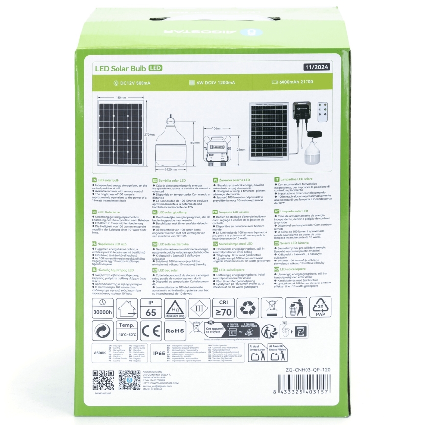 Aigostar - LED solárny luster LED/70W/12V 6000 mAh 6500K IP65 priemer 12 cm + diaľkové ovládanie
