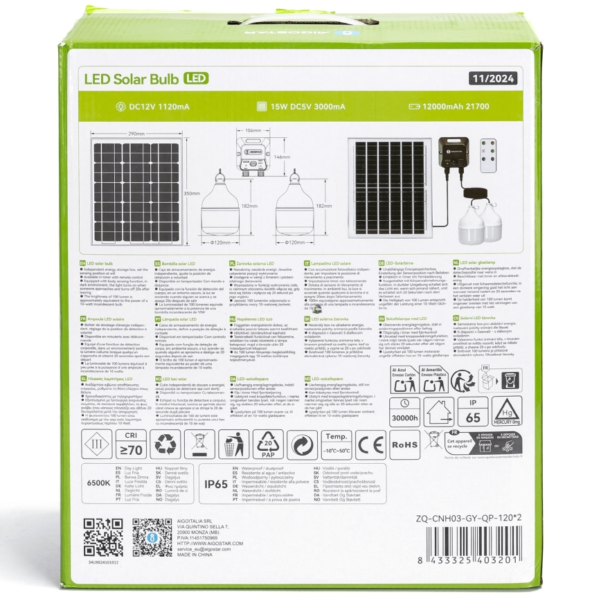 Aigostar - LED Solárny luster so senzorom 2xLED/70W/12V 12000 mAh 6500K pr. 12 cm + diaľkové ovládanie