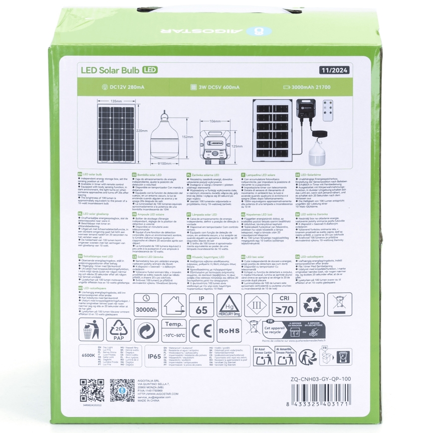 Aigostar - LED Solárny luster so senzorom LED/35W/12V 3000 mAh 6500K pr. 10 cm + diaľkové ovládanie