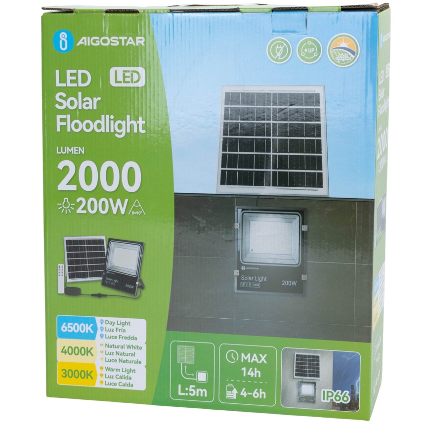Aigostar - LED Solárny reflektor LED/200W/3,2V 3600mAh 3000K/4000K/6500K IP66 + diaľkové ovládanie