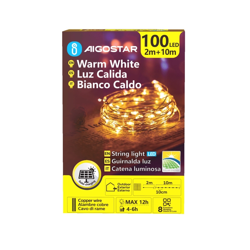 Aigostar - LED solárny svetelný reťazec 100× LED / 8 funkcií, 12 m, 800 mAh, IP65, teplá biela