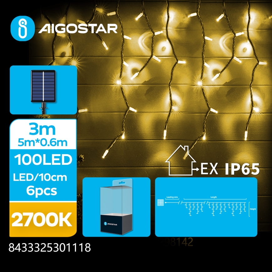 Aigostar - LED solárny  reťazec 100xLED/8 funkcií 8x0,6m 800 mAh IP65 teplá biela
