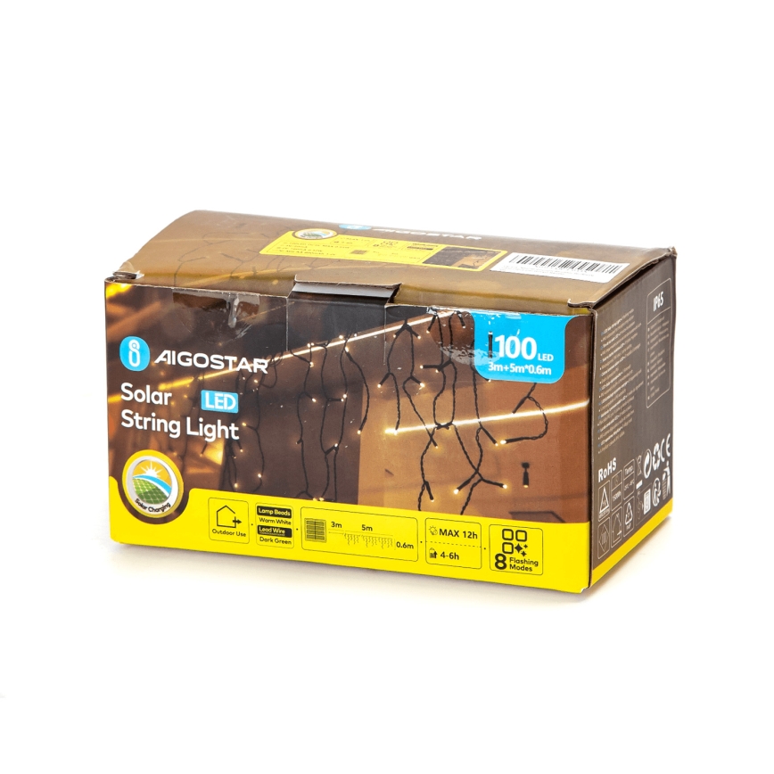 Aigostar - LED solárny  reťazec 100xLED/8 funkcií 8x0,6m 800 mAh IP65 teplá biela