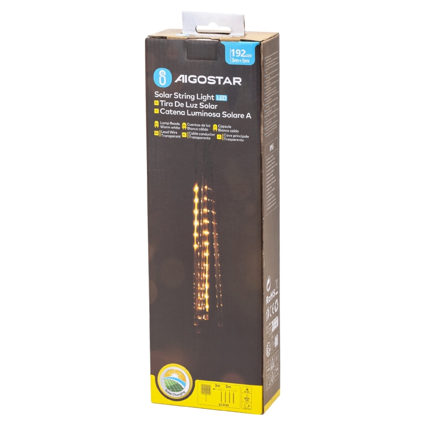 Aigostar - LED solárny vianočný reťaz 192xLED/8m IP65 1200 mAh teplá biela