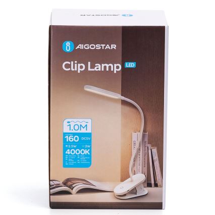 Aigostar - LED Stmievateľná nabíjacia stolná lampa s klipom LED/2,5W/5V 1200mAh biela