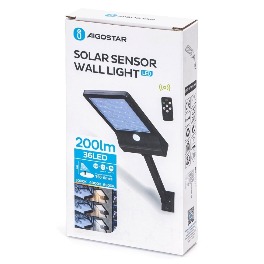 Aigostar - LED Stmievateľná solárna lampa so senzorom LED/2,3W/5,5V IP65 1800 mAh + diaľkové ovládanie