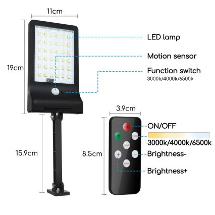 Aigostar - LED Stmievateľná solárna lampa so senzorom LED/2,3W/5,5V IP65 1800 mAh + diaľkové ovládanie
