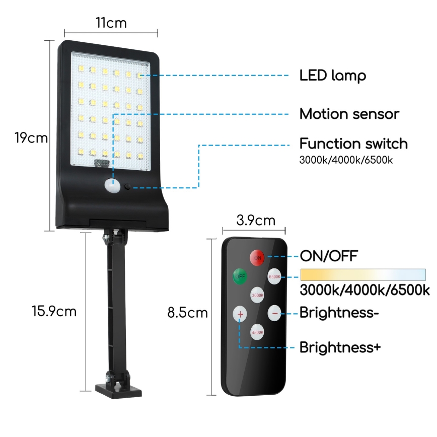 Aigostar - LED Stmievateľná solárna lampa so senzorom LED/2,3W/5,5V IP65 1800 mAh + diaľkové ovládanie