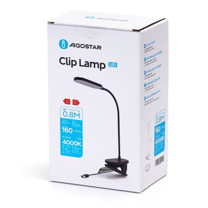 Aigostar - LED Stmievateľná stolná lampa s klipom LED/2,5W/5V čierna