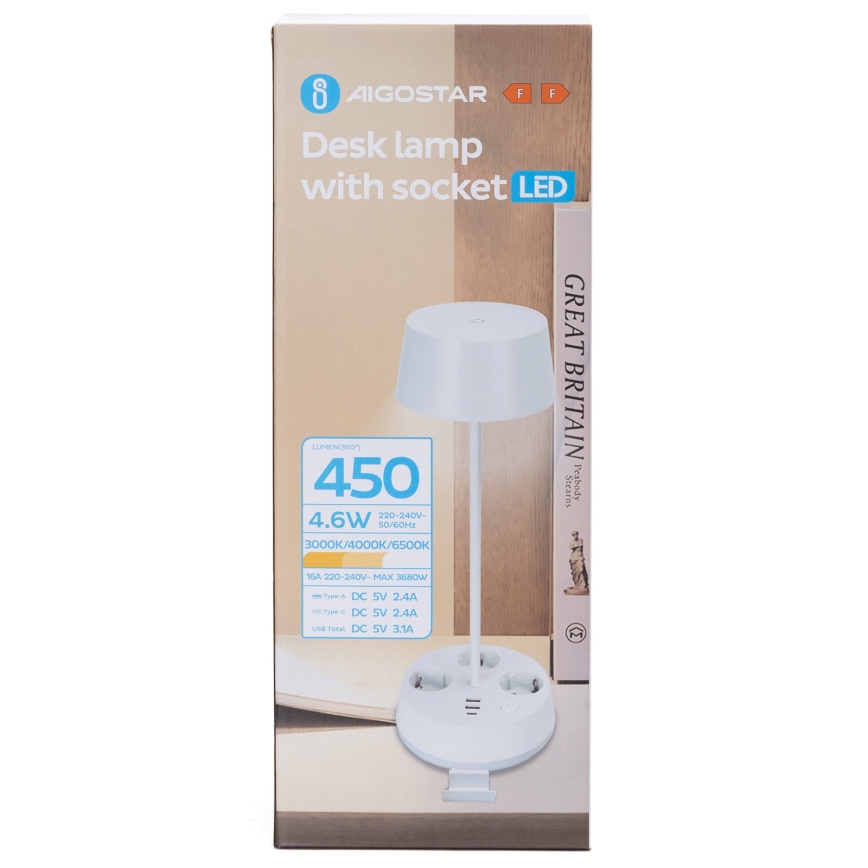 Aigostar - LED stmievateľná stolová lampa so zásuvkami a USB LED/4,6W/230V 3000/4000/6500K biela