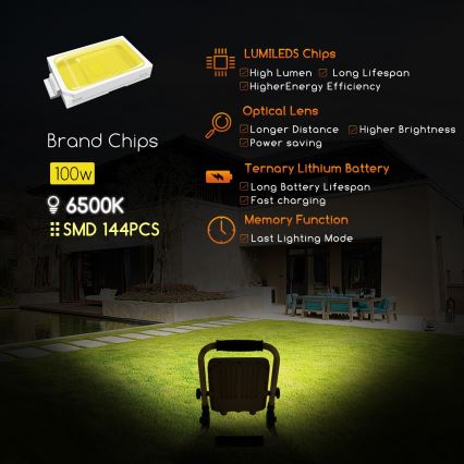 Aigostar - LED Stmievateľný nabíjací reflektor LED/100W/5V 6500K IP65 1500mAh