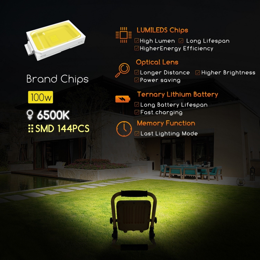 Aigostar - LED Stmievateľný nabíjací reflektor LED/100W/5V 6500K IP65 1500mAh