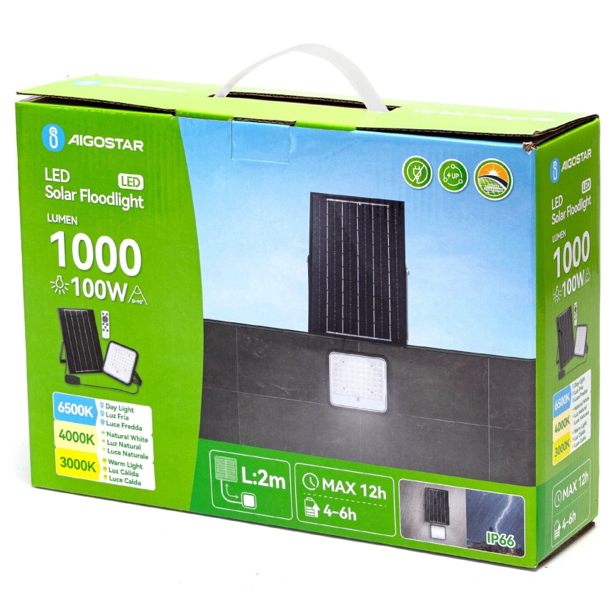 Aigostar - LED Stmievateľný solárny reflektor LED/100W/3,4V 3000/4000/6500K IP66 + diaľkové ovládanie
