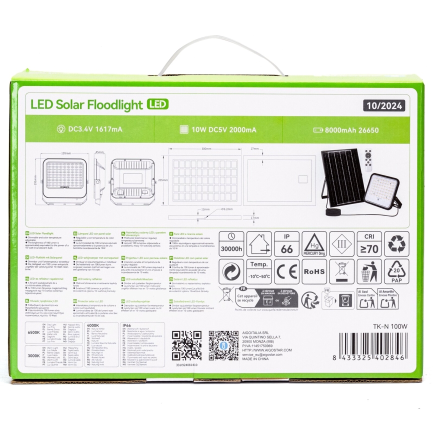 Aigostar - LED Stmievateľný solárny reflektor LED/100W/3,4V 3000/4000/6500K IP66 + diaľkové ovládanie