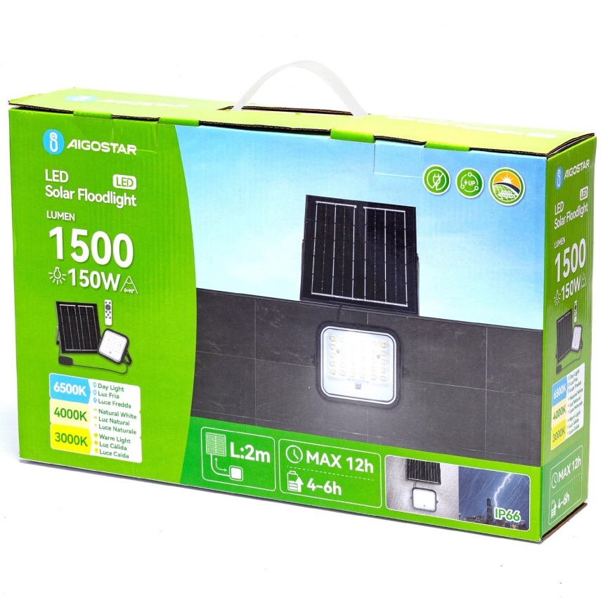 Aigostar - LED Stmievateľný solárny reflektor LED/150W/3,4V 3000/4000/6500K IP66 + diaľkové ovládanie