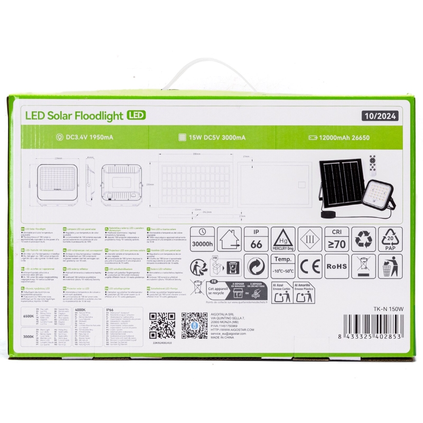 Aigostar - LED Stmievateľný solárny reflektor LED/150W/3,4V 3000/4000/6500K IP66 + diaľkové ovládanie