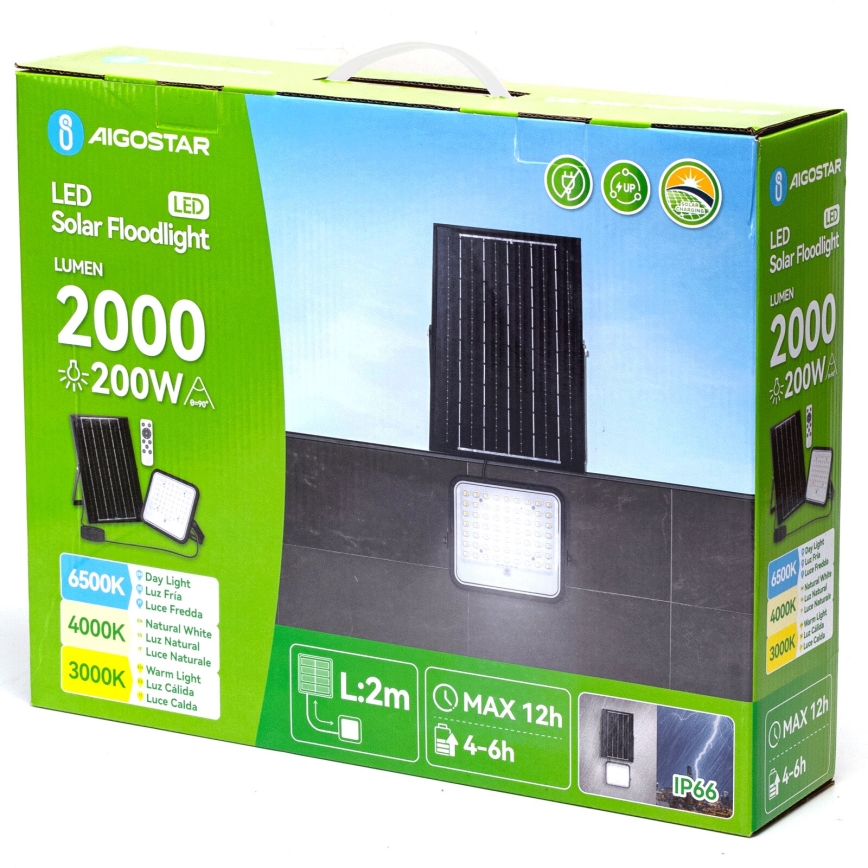 Aigostar - LED Stmievateľný solárny reflektor LED/200W/3,4V 3000/4000/6500K IP66 16000 mAh + diaľkové ovládanie
