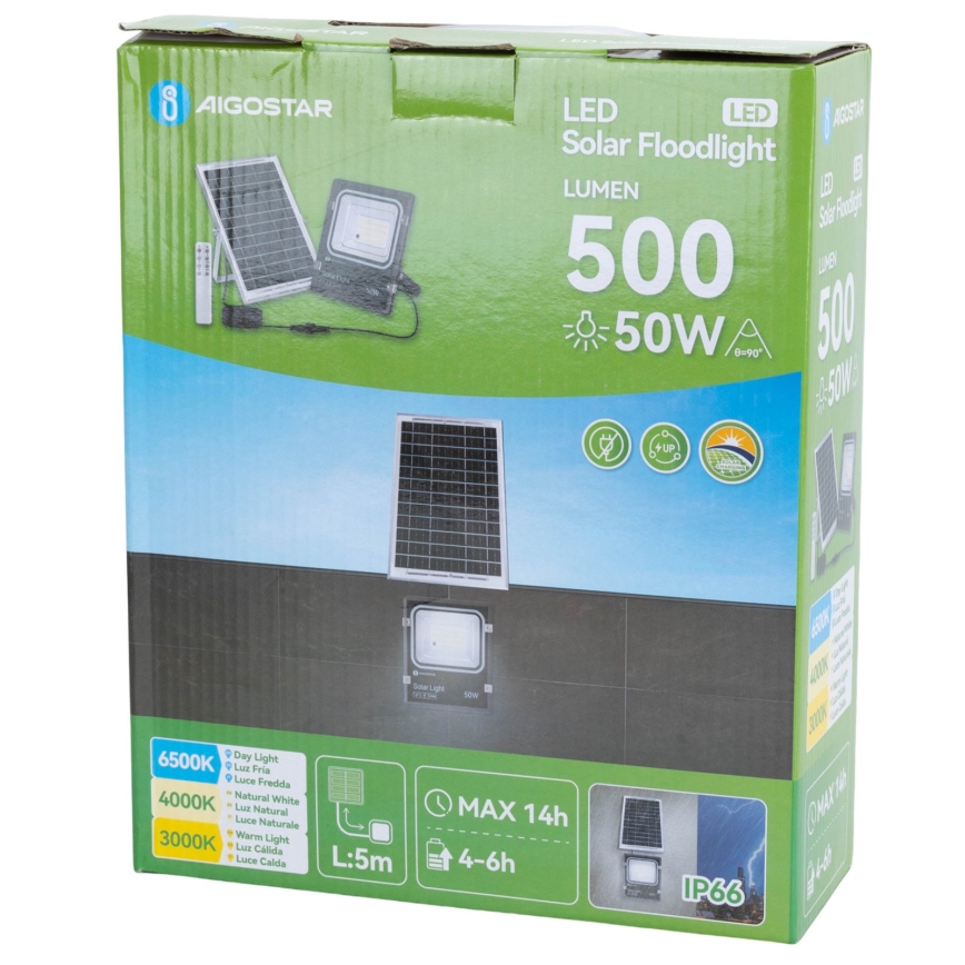 Aigostar - LED stmievateľný solárny reflektor LED/50W/3,2V 1200mAh 3000K/4000K/6500K IP66 + diaľkové ovládanie