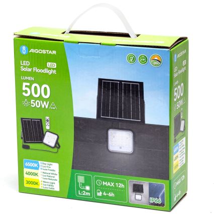 Aigostar - LED Stmievateľný solárny reflektor LED/50W/3,4V 3000/4000/6500K IP66 4000 mAh + diaľkové ovládanie