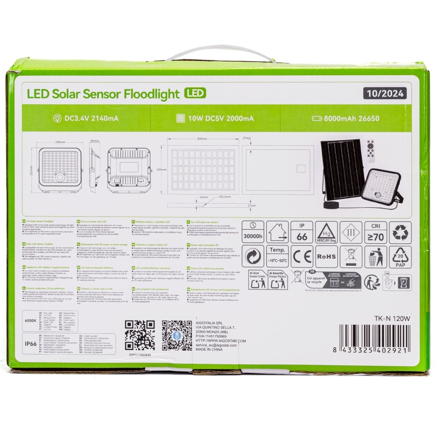 Aigostar - LED Stmievateľný solárny reflektor so senzorom LED/120W/3,4V 6500K IP66 8000 mAh + diaľkové ovládanie