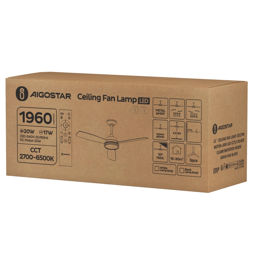 Aigostar - LED Stmievateľný stropný ventilátor LED/20W/230V 2700-6500K 132cm hnedá + diaľkové ovládanie