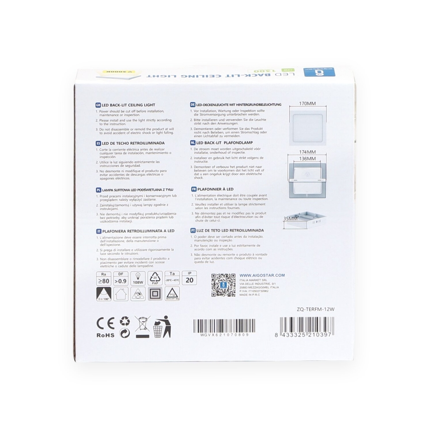 Aigostar - LED Stropné prisadené svietidlo LED/12W/230V 17,3x17,3 cm 3000K biela